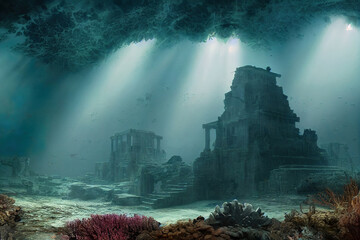 ancient underwater city, ocean scene, atlantis , fantasy background wallpaper - obrazy, fototapety, plakaty