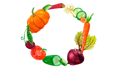 Watercolor frame template vegan vegetable, fresh food on white background for your design