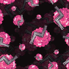 Watercolor pattern pink hydrangea flower and geometry shape on dark background for your seamless design