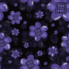 Watercolor pattern blue velvet flower and geometry square on dark background for your seamless design