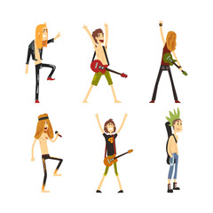 Rock musicians playing guitars and singing set. Rockers characters performing on stage cartoon vector illustration
