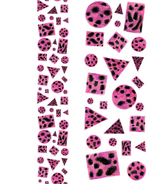 Watercolor border savannah animal skin, cheetah cat and geometry shape on white background for your design