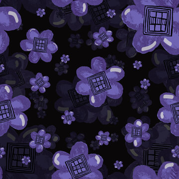 Watercolor pattern blue velvet flower and geometry square on dark background for your seamless design