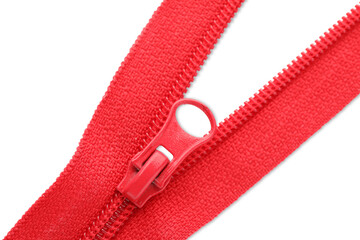 Red zipper on white background, top view © New Africa