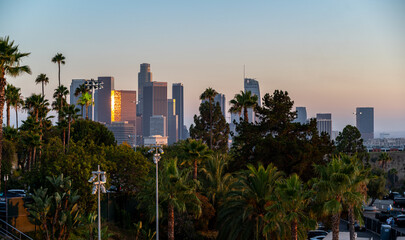 Evening photo of the Los Angeles skyline from Dodger Stadium