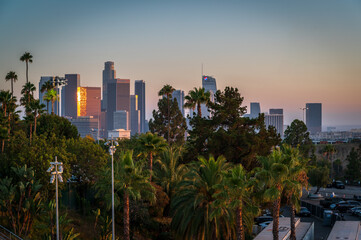 Evening photo of the Los Angeles skyline from Dodger Stadium