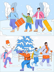 Family traveling together in winter holiday. Father, mother and son walk with their suitcase and bag. Cartoon characters with outline. Vector illustrations for landing page template, ui, web, poster
