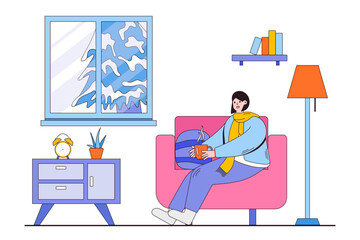 Freezing female sitting in armchair with hot drink. Seasonal winter activities. Cartoon characters with outline. Vector illustrations for landing page template, ui, web, website, poster