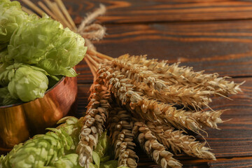 Fresh hop flowers and wheat ears on wooden table, closeup