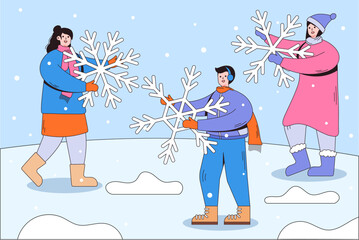 People enjoying snowfall and holding huge snowflakes in hands. Seasonal winter activities and family spare time. Cartoon characters with outline. Vector illustrations for landing page template, ui