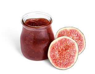 Glass jar of tasty sweet fig jam isolated on white