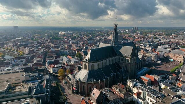Aerial view on a small town. Haarlem, Netherlands. Filming from the air with a drone in 4K.