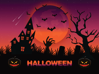 Halloween night spooky landscape background with hunted house, trees, graves, pumpkins and flying bats.