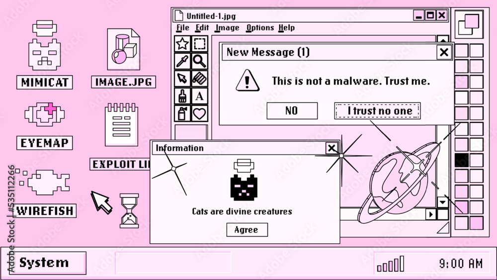 Poster PC desktop with start menu, window boxes and icons in retro Y2K or 2000's style. Collage of UI and UX design elements in pastel pink colors.