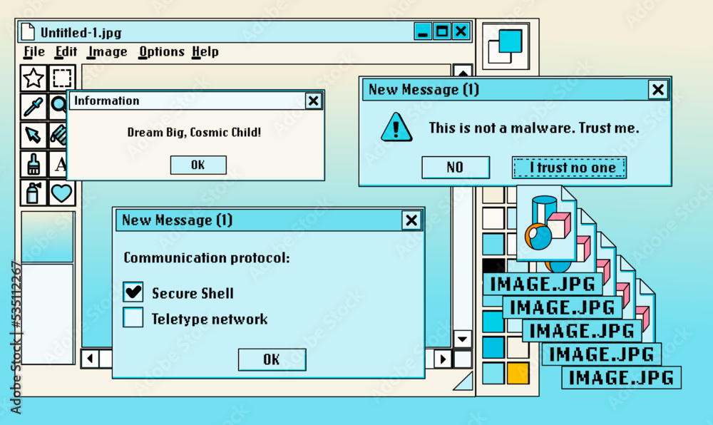 Poster Cute retro vaporwave style collage of user interface elements. Pixelated Y2K window boxes, tabs, buttons.