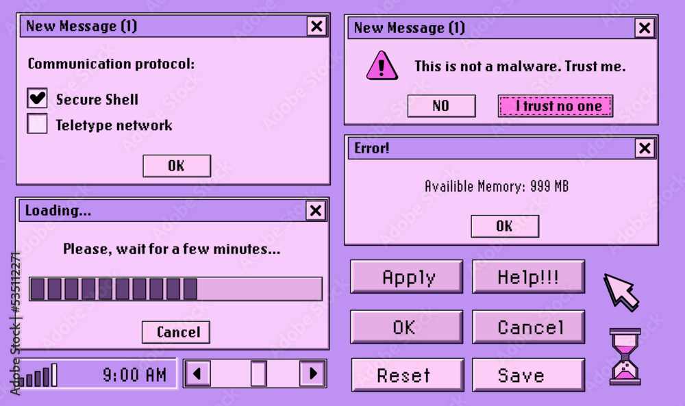 Poster Cute retro vaporwave style collage of user interface elements. Pixelated Y2K window boxes, tabs, buttons.