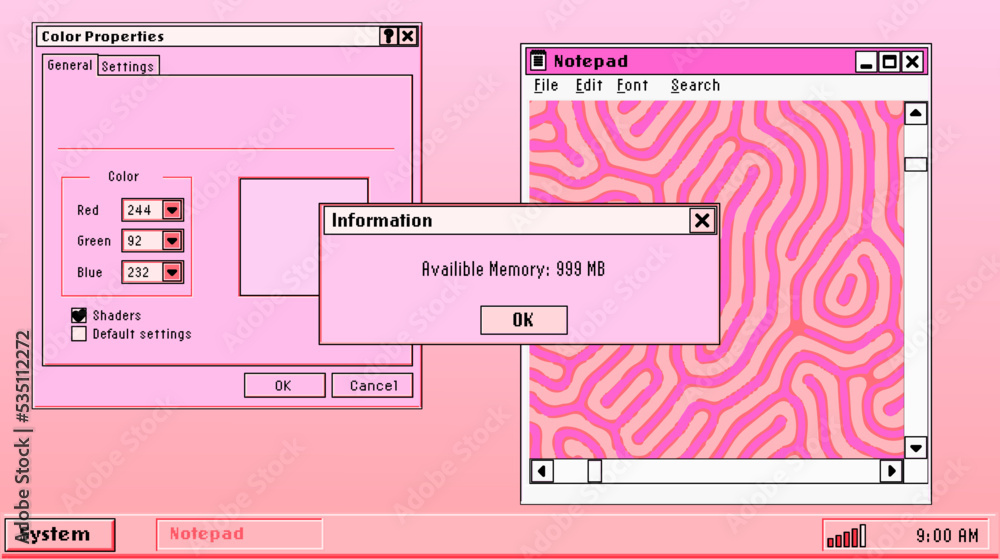 Poster PC desktop with start menu, window boxes and icons in retro Y2K or 2000's style. Collage of UI and UX design elements in pastel pink colors.
