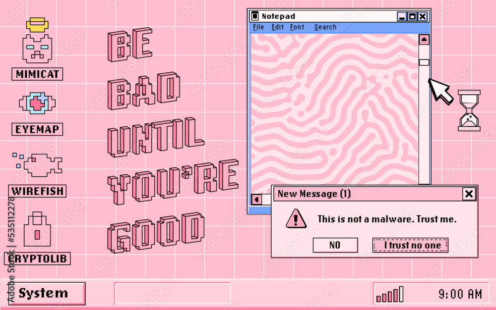 Poster PC desktop with start menu, window boxes and icons in retro Y2K or 2000's style. Collage of UI and UX design elements in pastel pink colors.