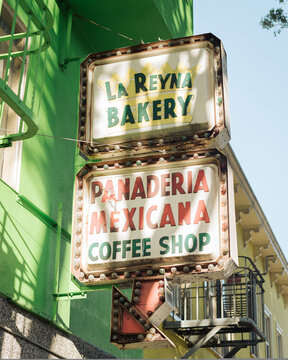 La Reyna Bakery & Coffee Shop vintage sign, in the Mission, San Francisco, California