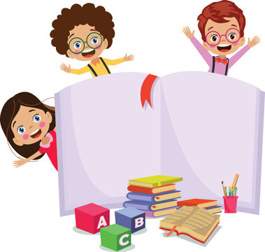 cute happy students reading books