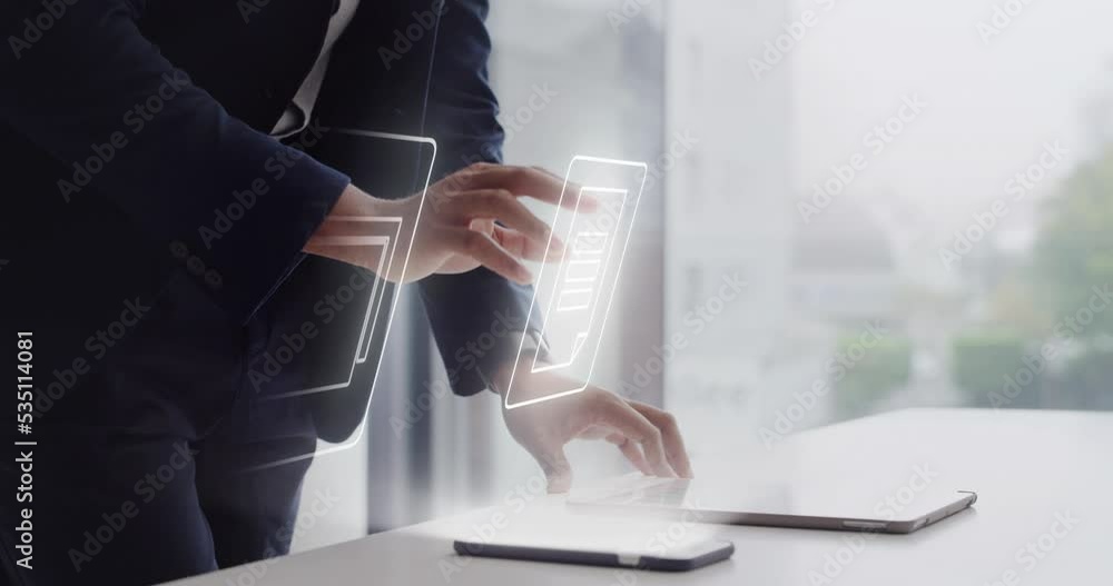 Poster Hologram planning, 3d schedule and businessman working on augmented reality and vr of internet on tablet at desk in office. Hands of corporate worker with digital futuristic ai strategy on technology