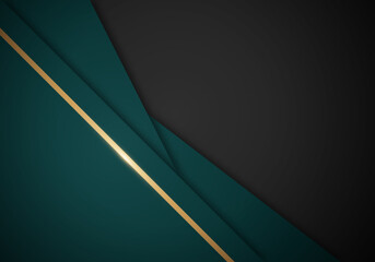 Abstract Background Green Stripes Overlapping Layer Shiny Golden Lines on Black Background with Copy Space for Text or Message