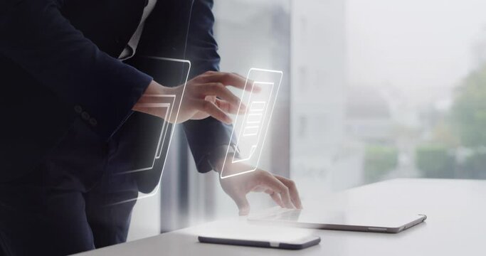 Hologram planning, 3d schedule and businessman working on augmented reality and vr of internet on tablet at desk in office. Hands of corporate worker with digital futuristic ai strategy on technology - Powered by Adobe