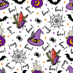 Halloween seamless vector pattern. Autumn holiday symbol - witch hat, spider web, bat, cauldron, magic crystal, boo. Bright flat illustration, cartoon. Background for wallpaper, wrapping, fabric