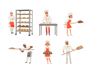 Professional bakers baking bread and pastries set. Bakehouse workers with freshly baked bread and buns vector illustration