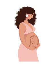 Pregnant woman with a baby in the uterus, anatomy of pregnancy, third trimester, preparation for childbirth. Vector flat illustration isolated on white background.