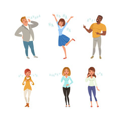 Set of diverse people laughing out loudly. Happy joyful men and women vector illustration