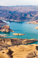 Fototapeta na wymiar Helicopter journey to West Rim of the Grand Canyon, crossing Lake Mead and Hoover Dam