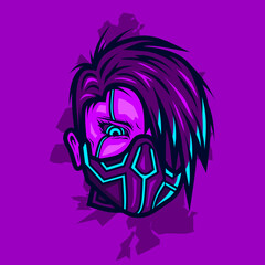 Woman cyborg head in cyberpunk style vector illustration 