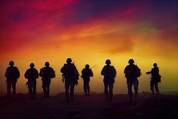 Fototapeta na wymiar Soldiers at Sunset to celebrate Veterans Day. Thank you for your service and allowing us freedom of one more day. Remember those who served POW MIA Never forgotten