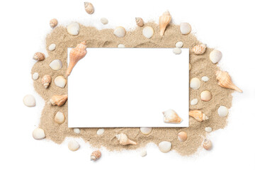 '"summer"  text overlay on sand and sea shells. Beach summer new years theme.