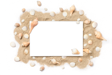'"summer"  text overlay on sand and sea shells. Beach summer new years theme.