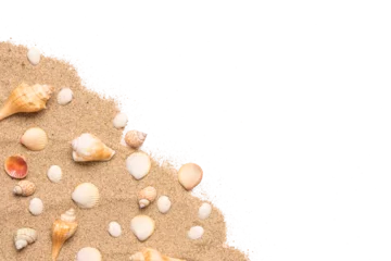 Zelfklevend Fotobehang Sand and sea shells beach theme background isolated png image © twenty2photo