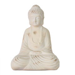 Buddha garden ornament sitting with some dirty marks looking a bit worn. Isolated .png with transparent background.