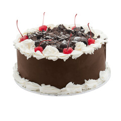 Chocolate cake with cream and cherries  floating above brown background with copy space.