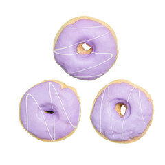 Three purple donuts on split color background modern design with copy space.