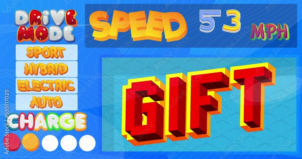 Poster cartoon car dashboard with gift text. digital graphical user interface animation.