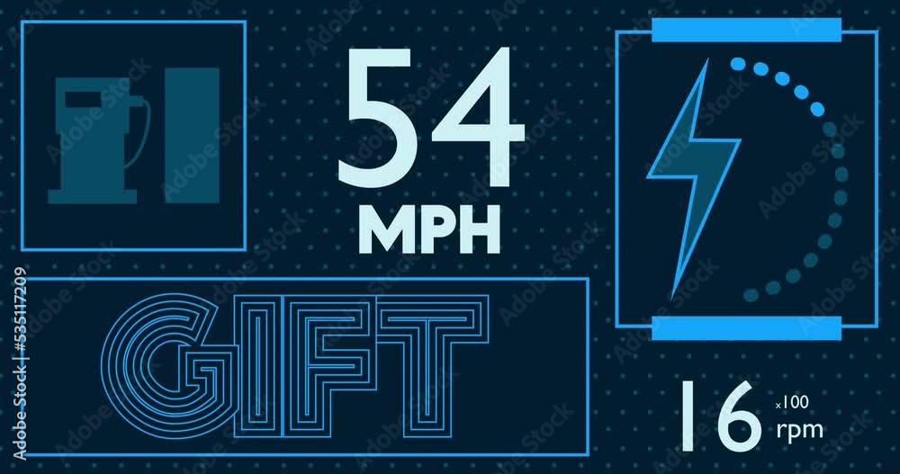 Poster hybrid car dashboard with gift text. digital graphical user interface animation.