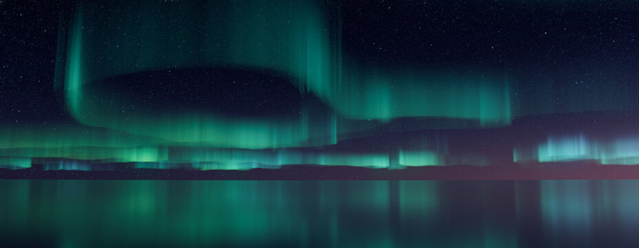 Northern Lights Background. Blue Aurora Borealis reflected in Water with copy-space. 
