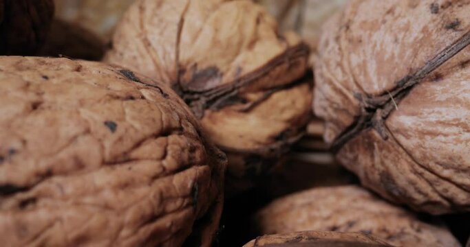 Walnuts in a pile macro probe lens camera motion