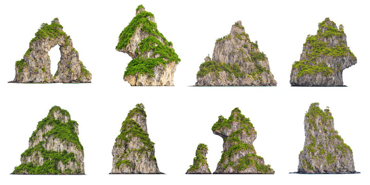 rocky islands, collection of unusual islets isolated on white background