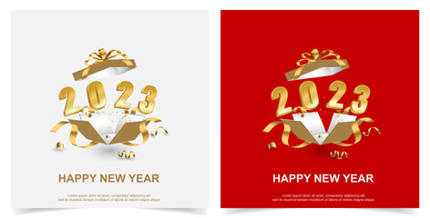 Happy new year 2023. number on open give box set square background