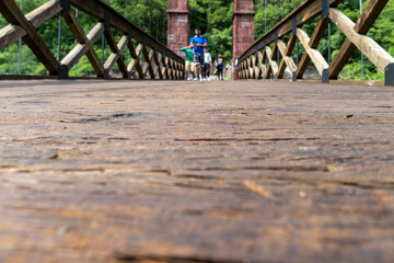 barranca huentitan, guadalajara, old wooden floor, wooden beams and crossbeams, mountains and tensioned cables, vegetation in the background