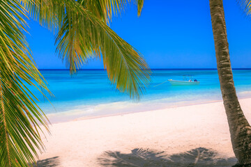 Fototapeta na wymiar Tropical caribbean beach with sailboats and boat, Punta Cana, Dominican Republic