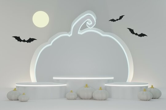 Minimal White Luxury Halloween Podium, 3 Pedestal, 3 Product Stand Glowing Under Moon Shine Surround With Bat Flying Above Decorate With White Pumpkins 