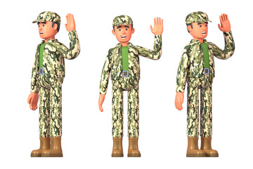 3d render of soldier in military uniform waving his hand in greeting gesture